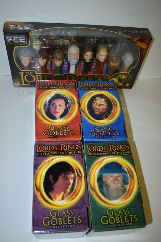 Lord Of The Rings Collectible 4 Piece Goblet Set & 8 Pez Dispenser Set- In Box