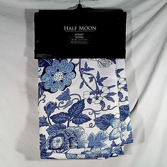 Lush Decor Sydney Navy/White Floral Rod Pocket Curtain Set 95"L-(A18)
