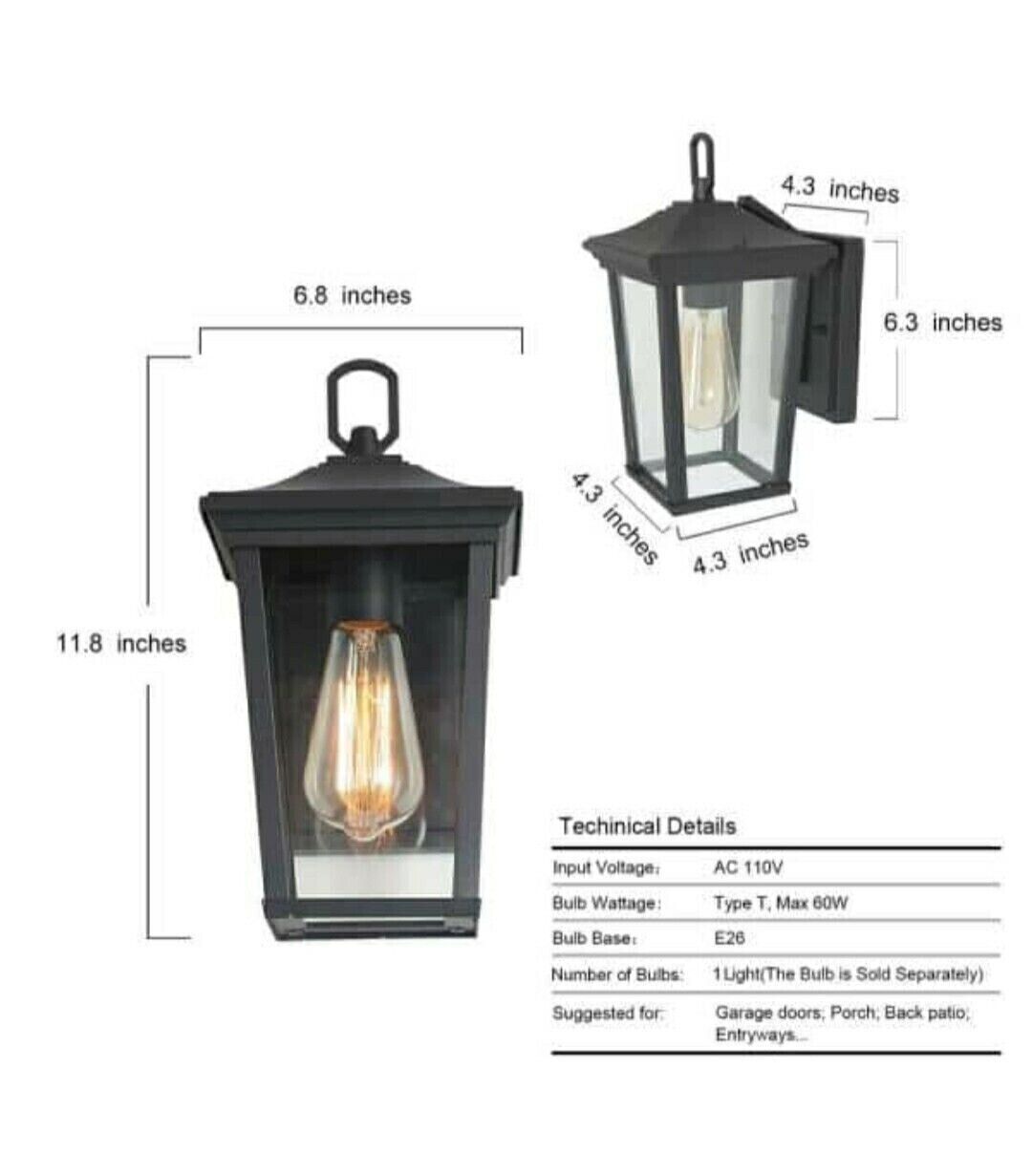 LNC 1-Light Outdoor Lantern Sconce Wall Light w/Clear Glass-NEW-!
