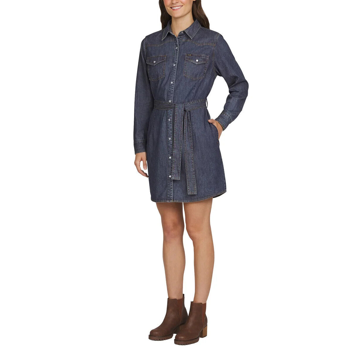 Women's Wrangler Long Sleeve Western Snap Shirt Dress - Dark Wash - Medium - NWT