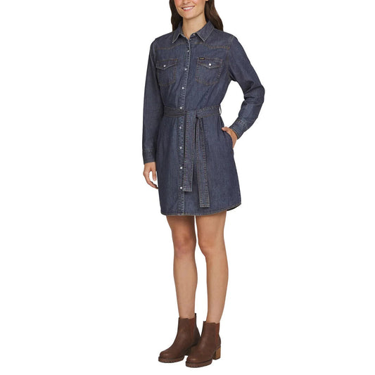 Women's Wrangler Long Sleeve Western Snap Shirt Dress - Dark Wash - Medium - NWT