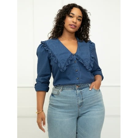 Women's ELOQUII Elements Plus Size Chambray Shirt w/Oversized Collar - Blue - 18
