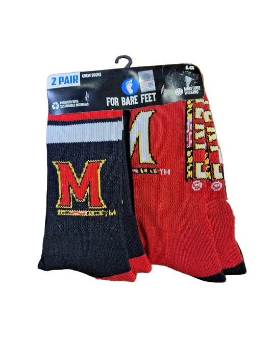 For Bare Feet Maryland Terrapins Men's Crew Socks 2 Pair L NWT