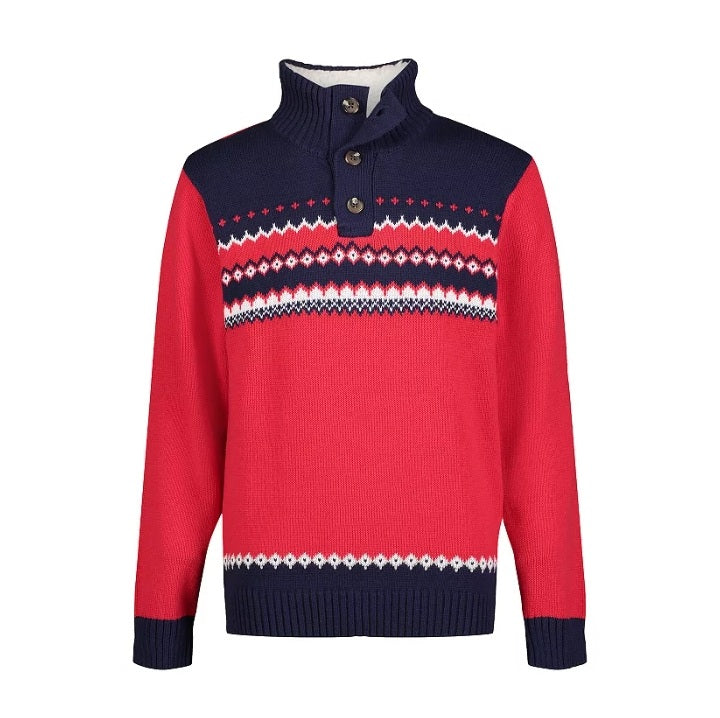 Boy's IZOD Fairisle Sherpa 1/4 Button-Sweater-XS-Red-NWOT