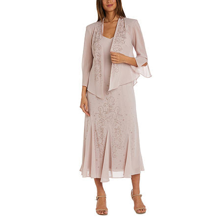 R & M Richards Women's Beaded Midi Jacket and Dress Set 14 Pink NWT