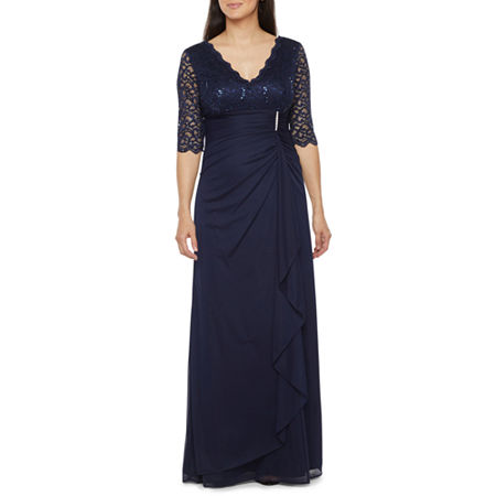 Betsy & Adam Women's Lace Sleeve Sequin Evening Gown Navy NWT