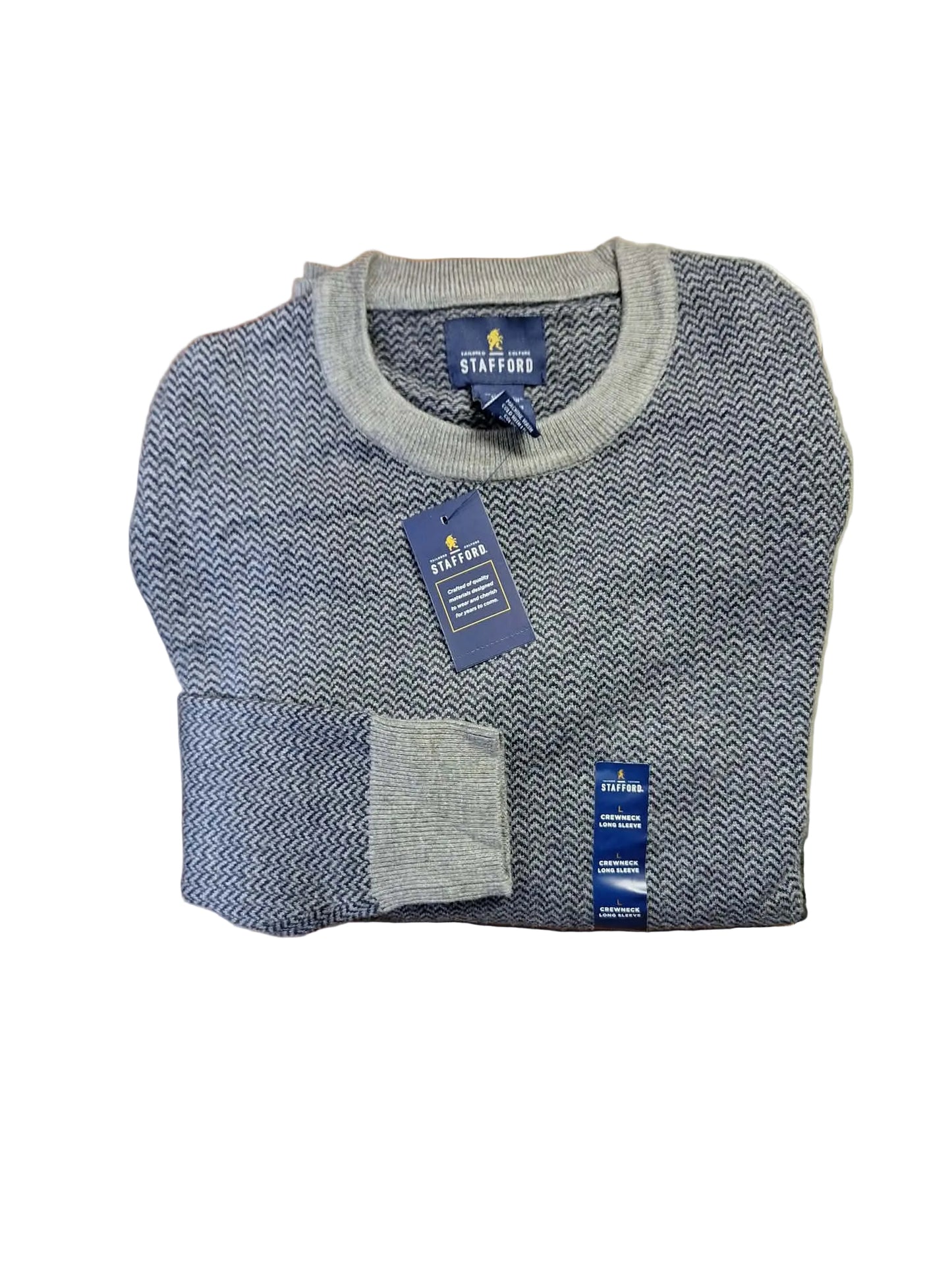 Stafford Men's Long Sleeve Crewneck Sweater L Navy Grey NWT