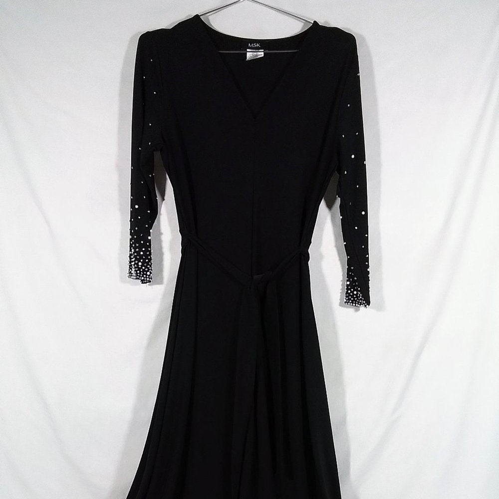 Women's MSK 3/4 Sleeve Beaded Fit + Flare Dress-Black-Belted-Medium-NWOT