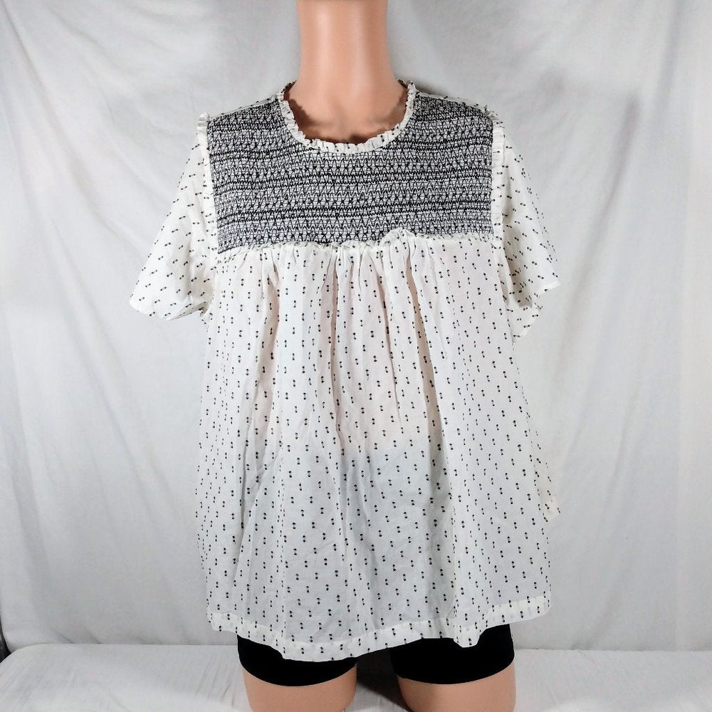 Plus Size LC Lauren Conrad Smock Yoke Flutter Sleeve Blouse-1X-Blk/Wht-NWT