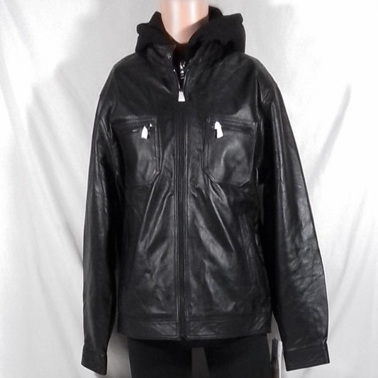 Men's Vintage Leather Racing Jacket With Detachable Hood - Var Sz - NWT