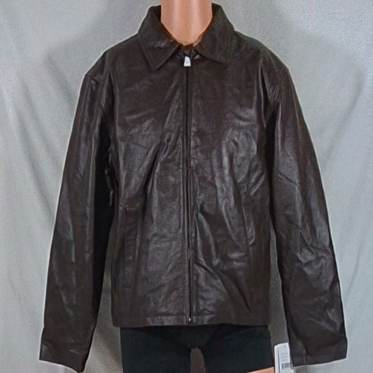 Men's Vintage Straight Bottom Leather Zipper Jacket - Brown - Var Sz - NWT