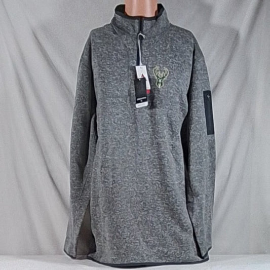Men's Antigua Milwaukee Bucks Natural Fortune Quarter Zip Pullover - Grey - 3XLT