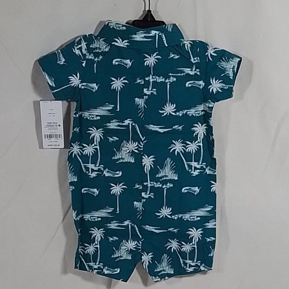 Boy's Carter's Baby Palm Tree Print Collared Button Front Romper - Teal -9M- NWT