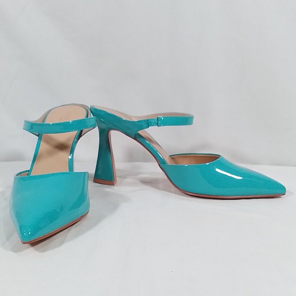 TORGEIS Women's Tropical Faux Mid Heeled Sandals - Aqua/Beige - Size 8.5 Use