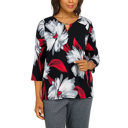 Alfred Dunner Draper's & Women's State Floral Sweater - 1X - Black/Red - NWT