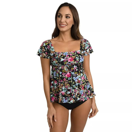 Women's A Shore Fit Camelot Shirred Sleeve Bandeau Swim Top -Floral - 14 - NWT