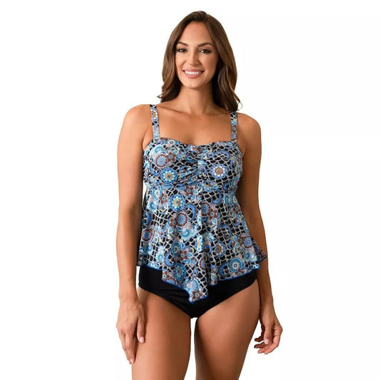 Women's A Shore Fit Scallop Print Bandeau V-Hem Swim Top - Blue - 16 - NWT