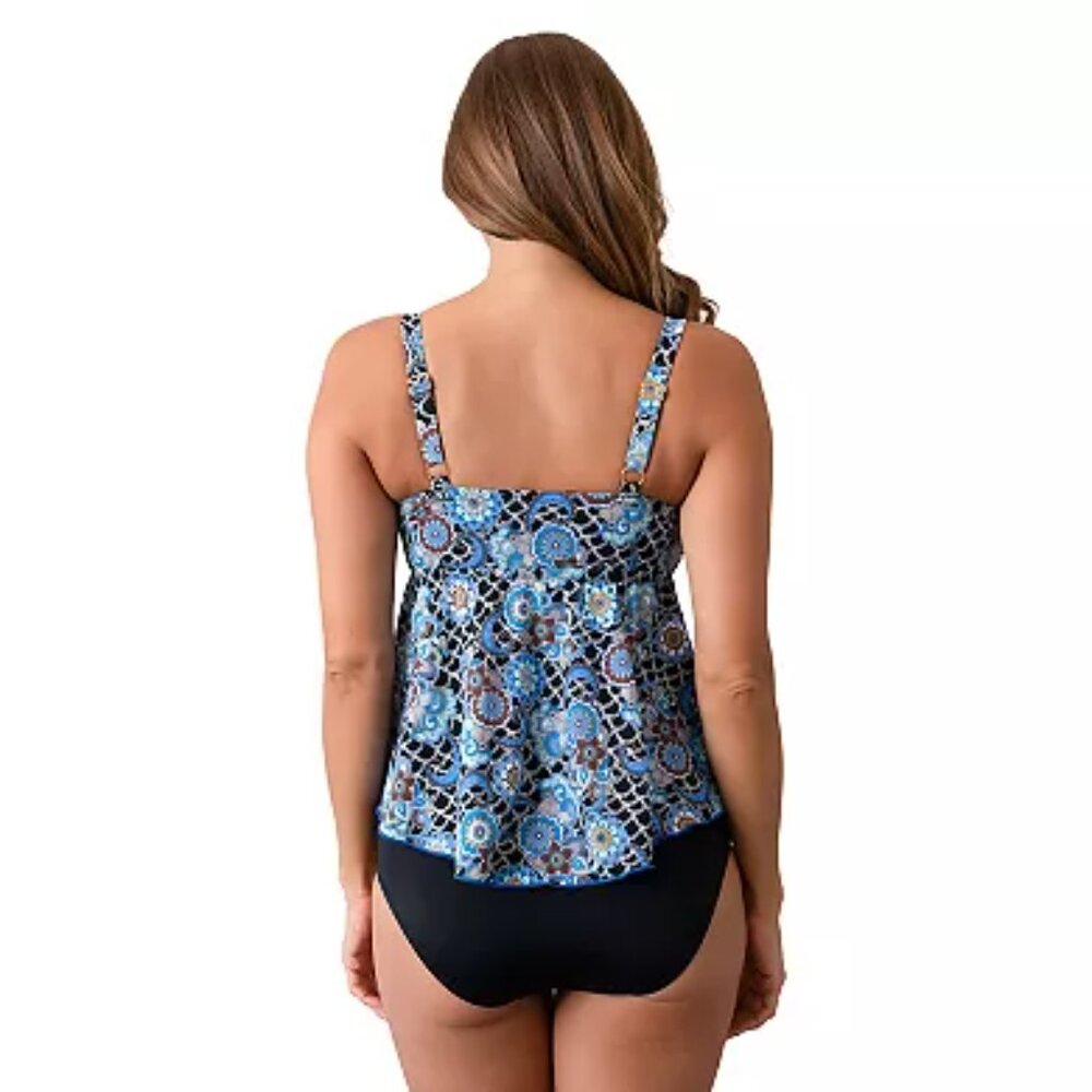 Women's A Shore Fit Scallop Print Bandeau V-Hem Swim Top - Blue - 16 - NWT