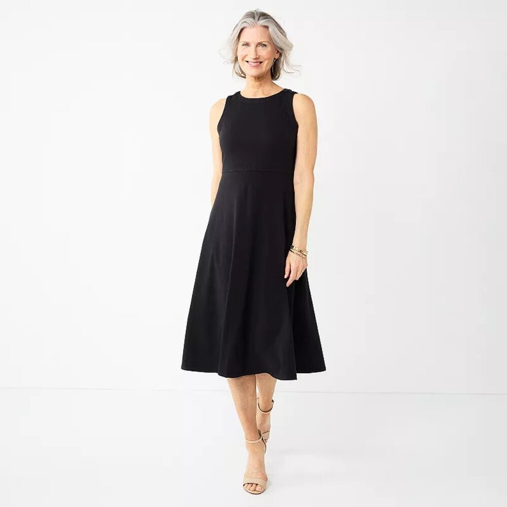 Women's Croft & Barrow Petite Sleeveless Fit & Flare Midi Dress - Black - PL-NWT