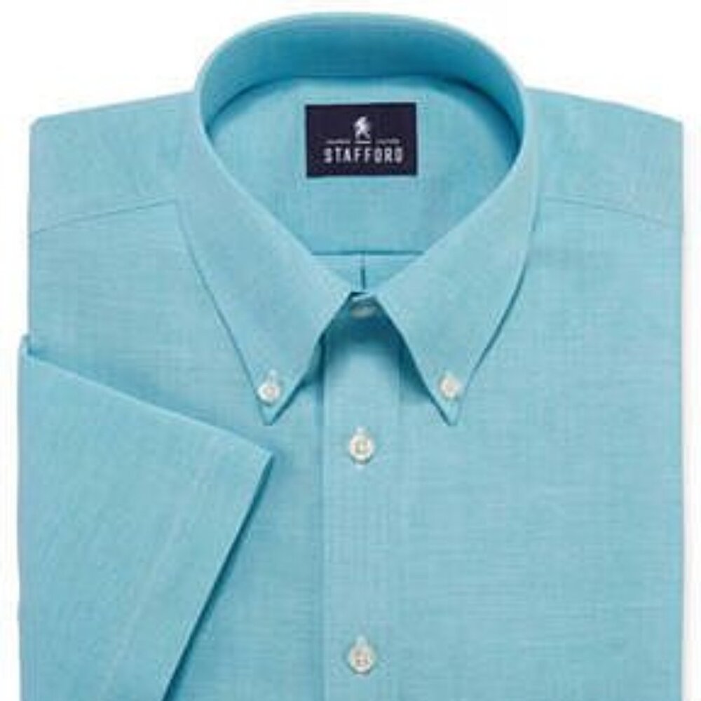 Men's Stafford SS Travel Easy Broadcloth Dress Shirt - Aqua Chambray - 17 - NWT