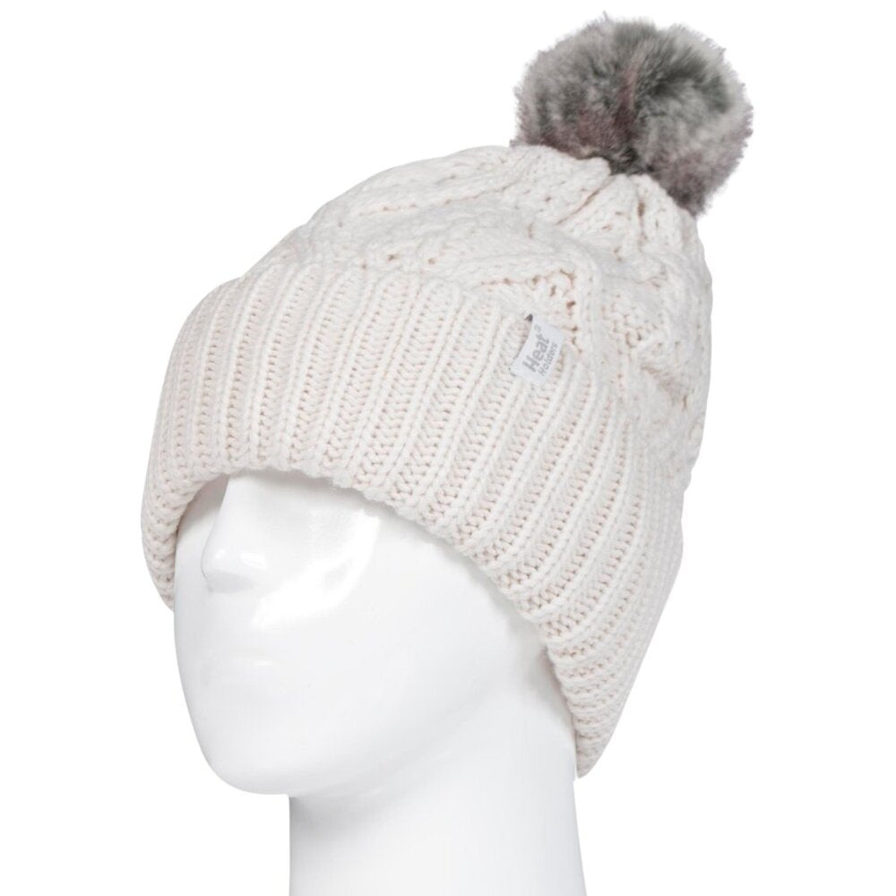 Women's Heat Holders Brina Solid Cable Knit Roll Up Hat w/Pom - Buttercream - OS