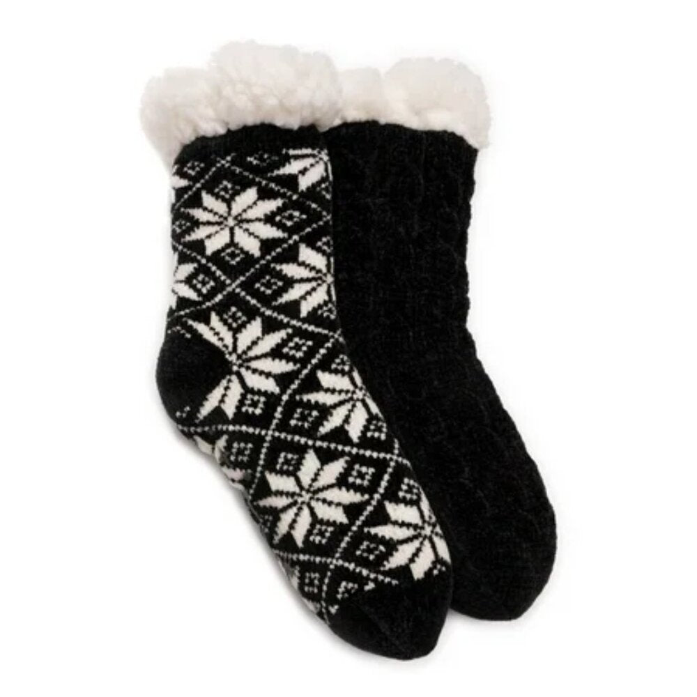 Women's Muk Luks Cabin Socks 2-Pack - Black Snowflake - S/M - NWT