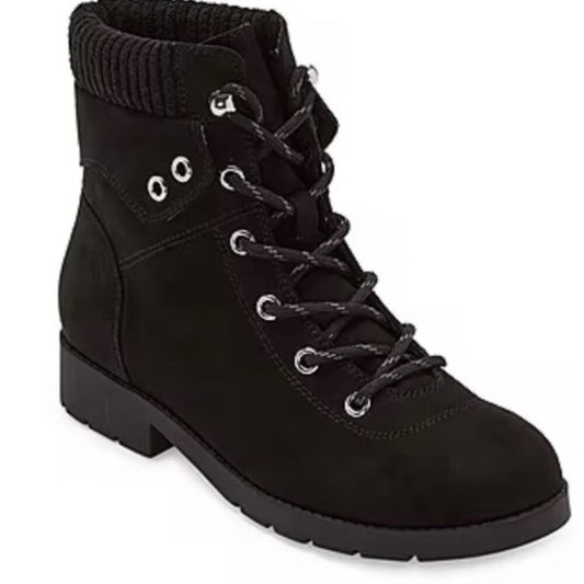 Women's St. John's Bay Yukka Stacked Heel Lace Up Boots - Black - 7 - NWT