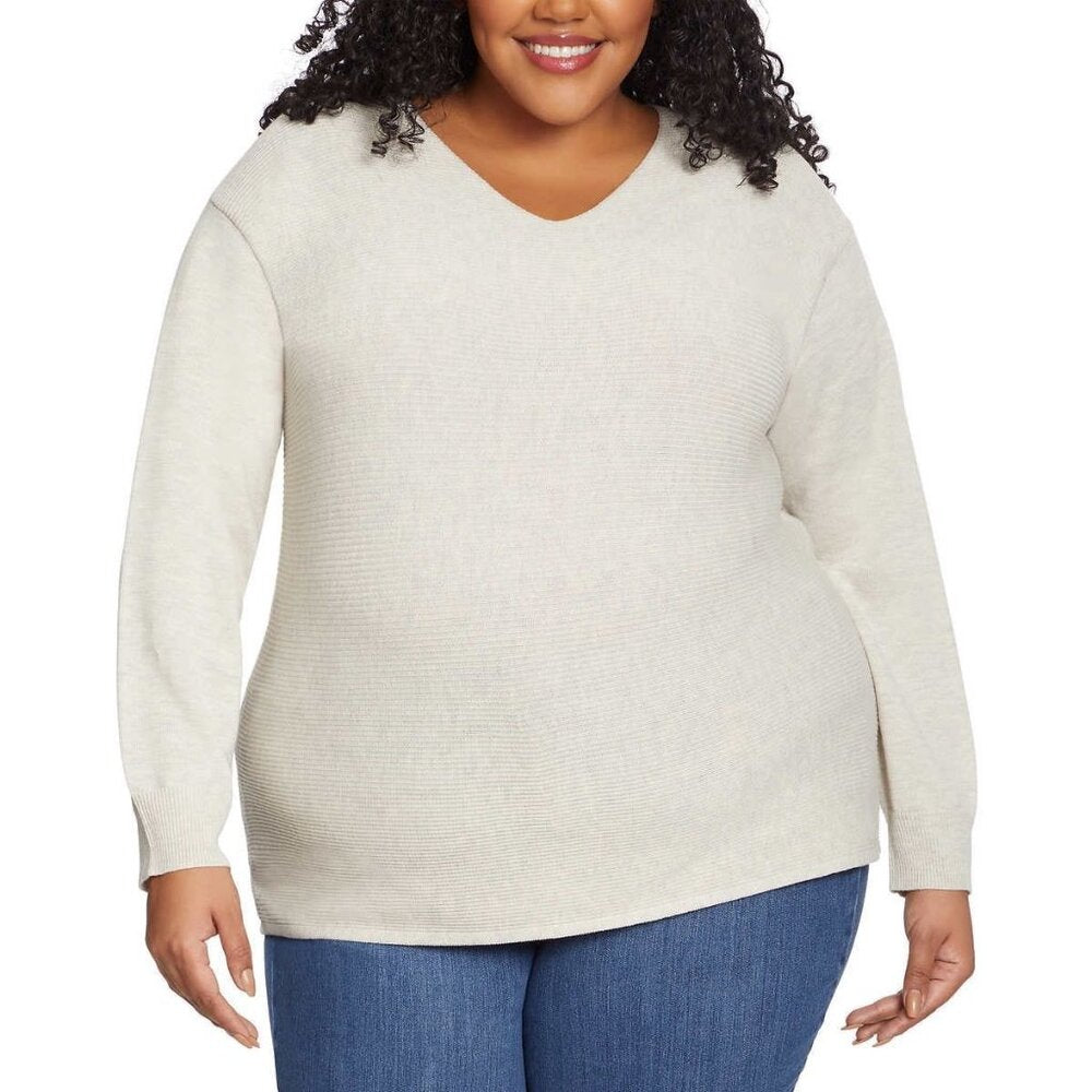 Ella Moss Women's Soft Ribbed Knit V-Neck Sweater-Grey-NWOT