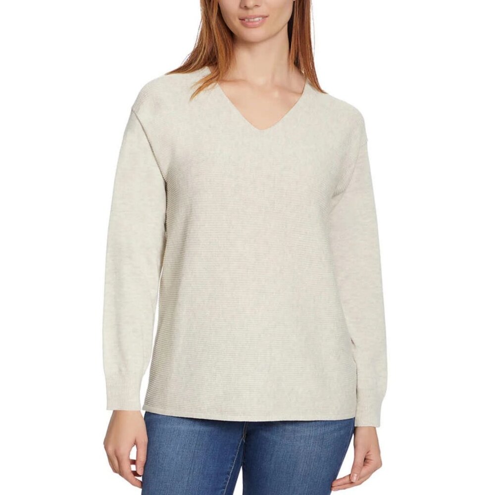 Ella Moss Women's Soft Ribbed Knit V-Neck Sweater-Grey-NWOT