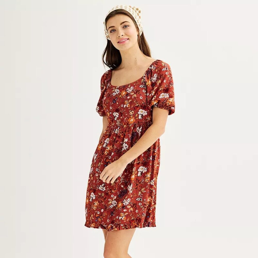Juniors' Live To Be Spoiled Puff Sleeve Skater Dress - Rust Floral - XL - NWT