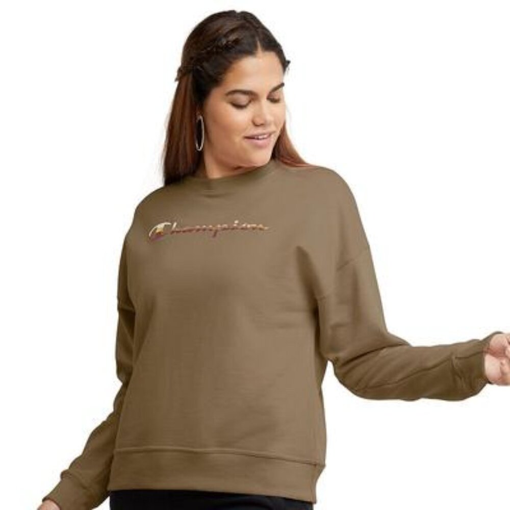 Women's Champion Powerblend Crew Neck Pullover Sweatshirt - Midway Brown - S-NWT