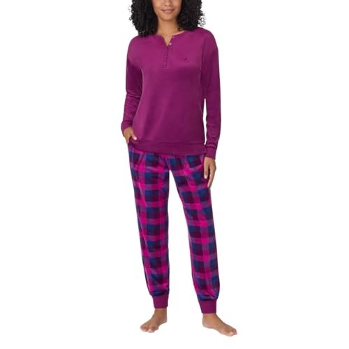 Nautica Women's 2 PC Lightweight Fleece Pajama Set Large Purple Plaid NWT