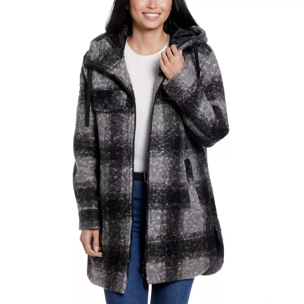 Weatherproof Women's Hooded Boucle Plaid Jacket L Black NWT