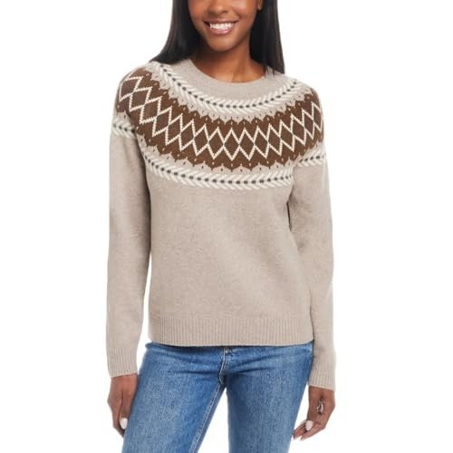 Weatherproof Vintage Women's Fairisle Ribbed Cuffs & Hem Sweater M Tan NWT
