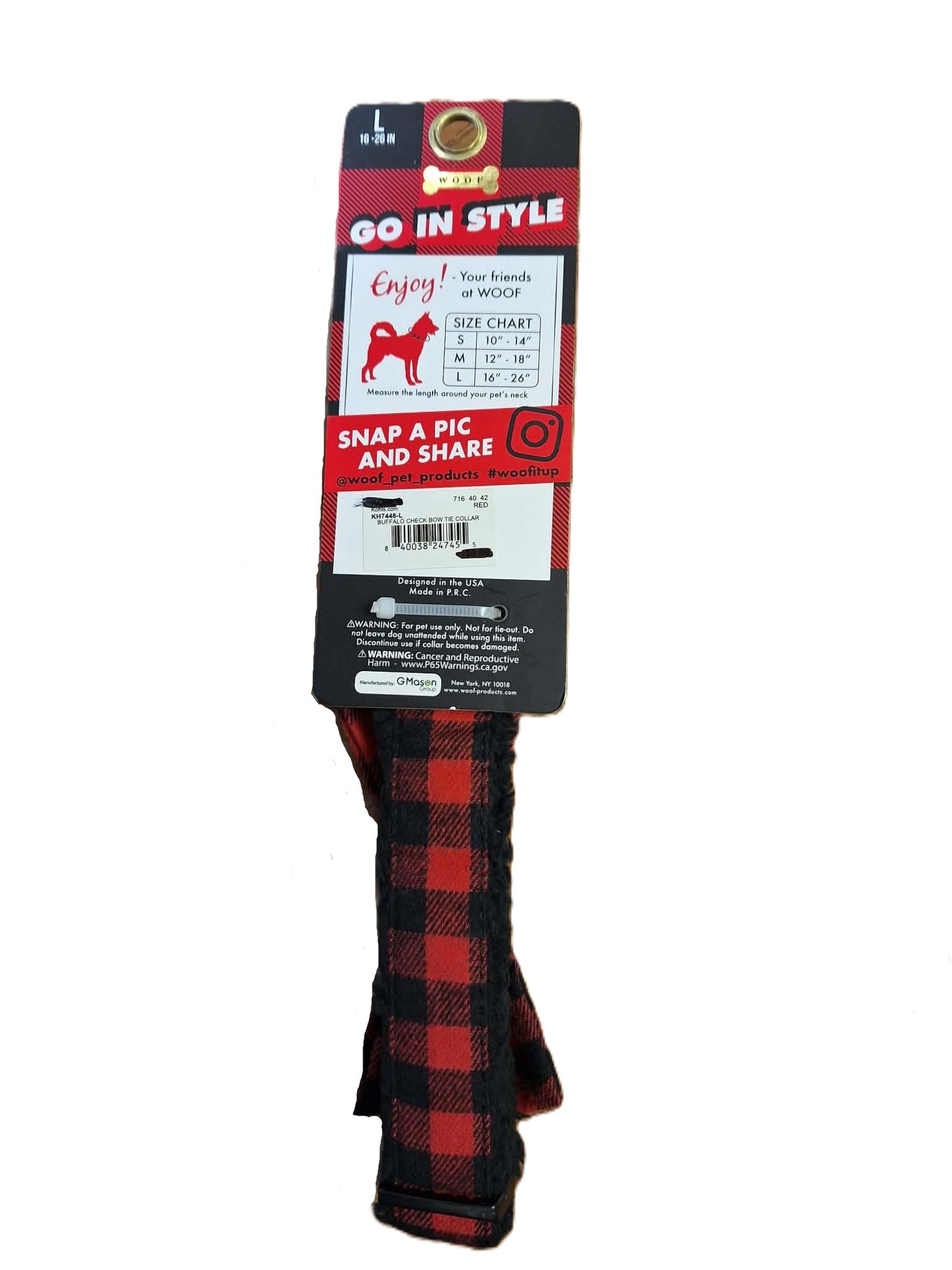 Woof Red Plaid Dog Collar L 16-26 Inches NWT