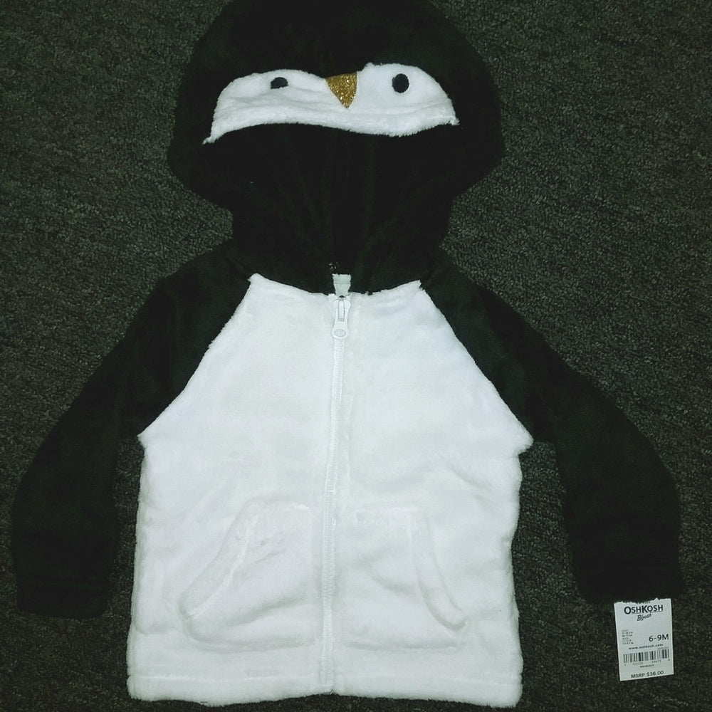 Girls Fleece Penguin Cozy Hoodie-Black and White-New with Tags