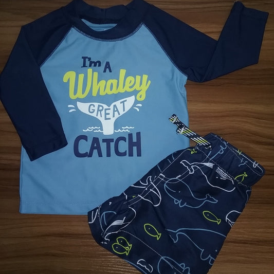 Carter's 9 Mo Rash Guard/Swim Shorts Set-Whales-New without Tags