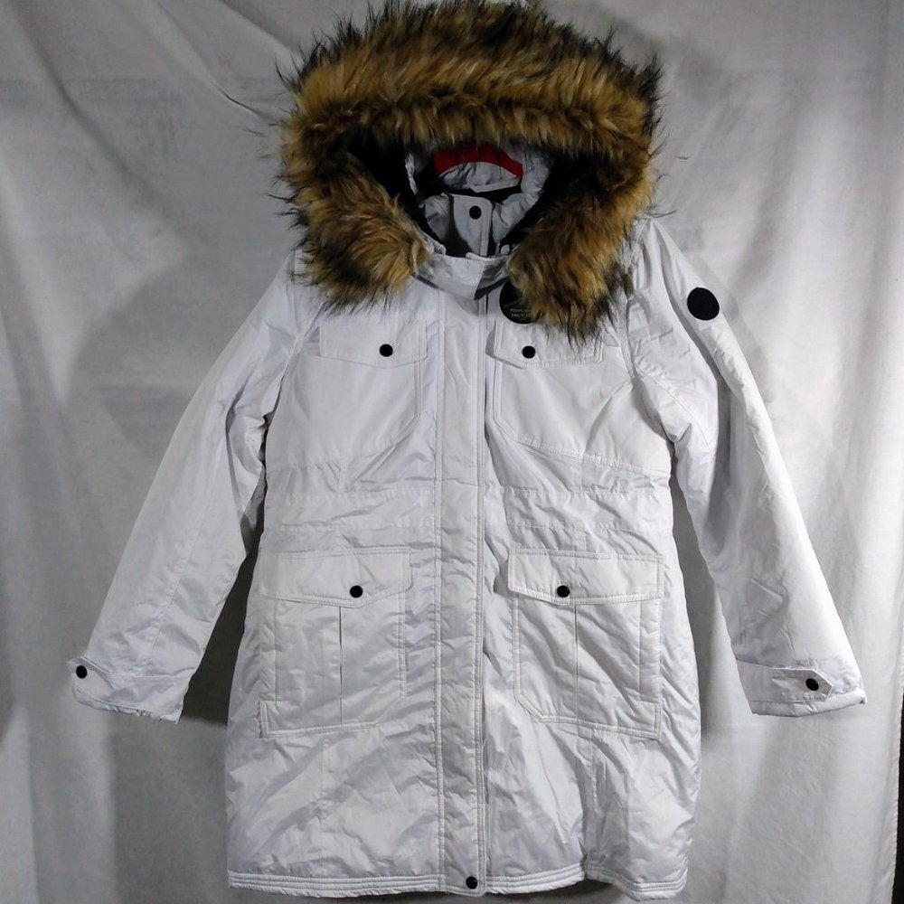 Madden Girl Faux-Fir Hood Long Parka-White-Large-New with Tags