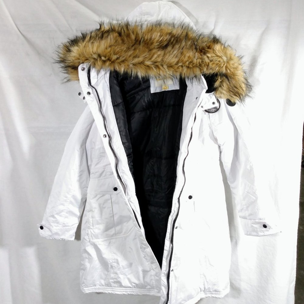 Madden Girl Faux-Fir Hood Long Parka-White-Large-New with Tags