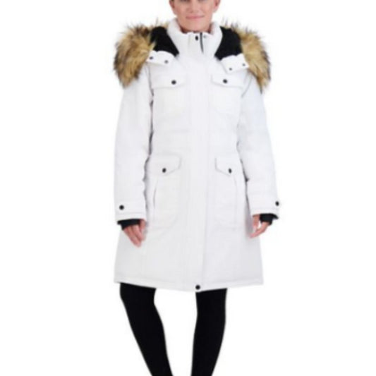 Madden Girl Faux-Fir Hood Long Parka-White-Large-New with Tags