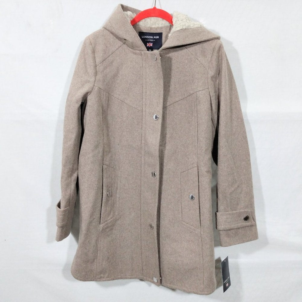 London Fog Sherpa Hood Wool-Blend Coat-Petite Small-Taupe Heather-New with Tags