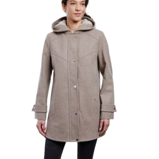 London Fog Sherpa Hood Wool-Blend Coat-Petite Small-Taupe Heather-New with Tags