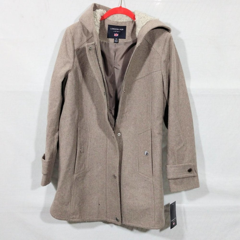 London Fog Sherpa Hood Wool-Blend Coat-Petite Small-Taupe Heather-New with Tags