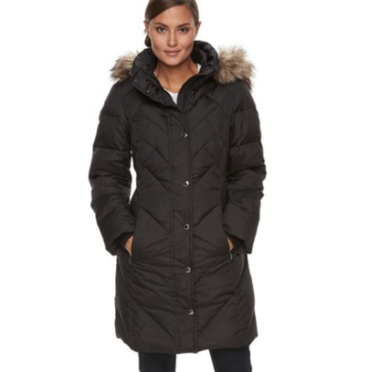 London Fog Tower Hooded Faux Fur Down Puffer Coat-Black-Various Sizes-NWT