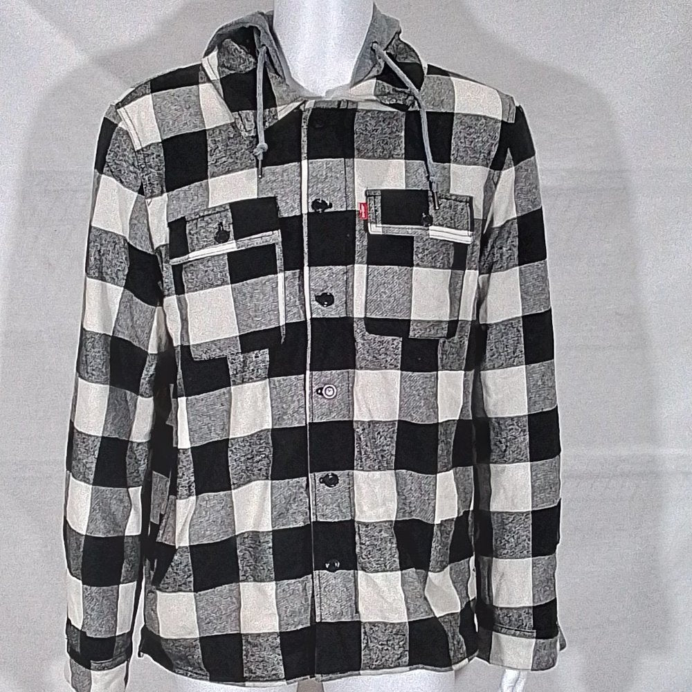 Levis Sherpa Lined Hooded Shirt Jacket-Black/White Plaid-Med-New without Tags