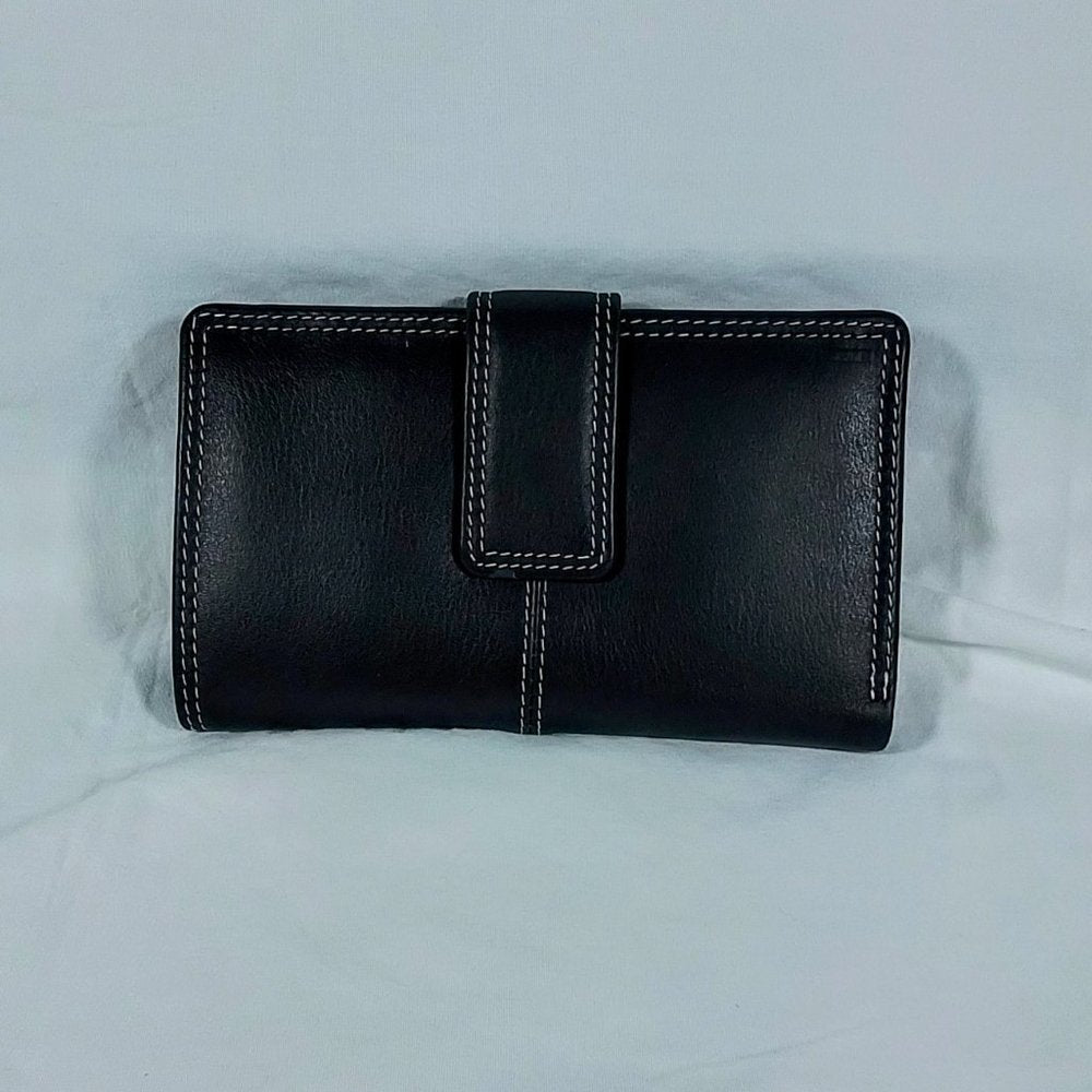 ili Brand Leather French Purse-Black-White Stitching-Midi Wallet-New In Box