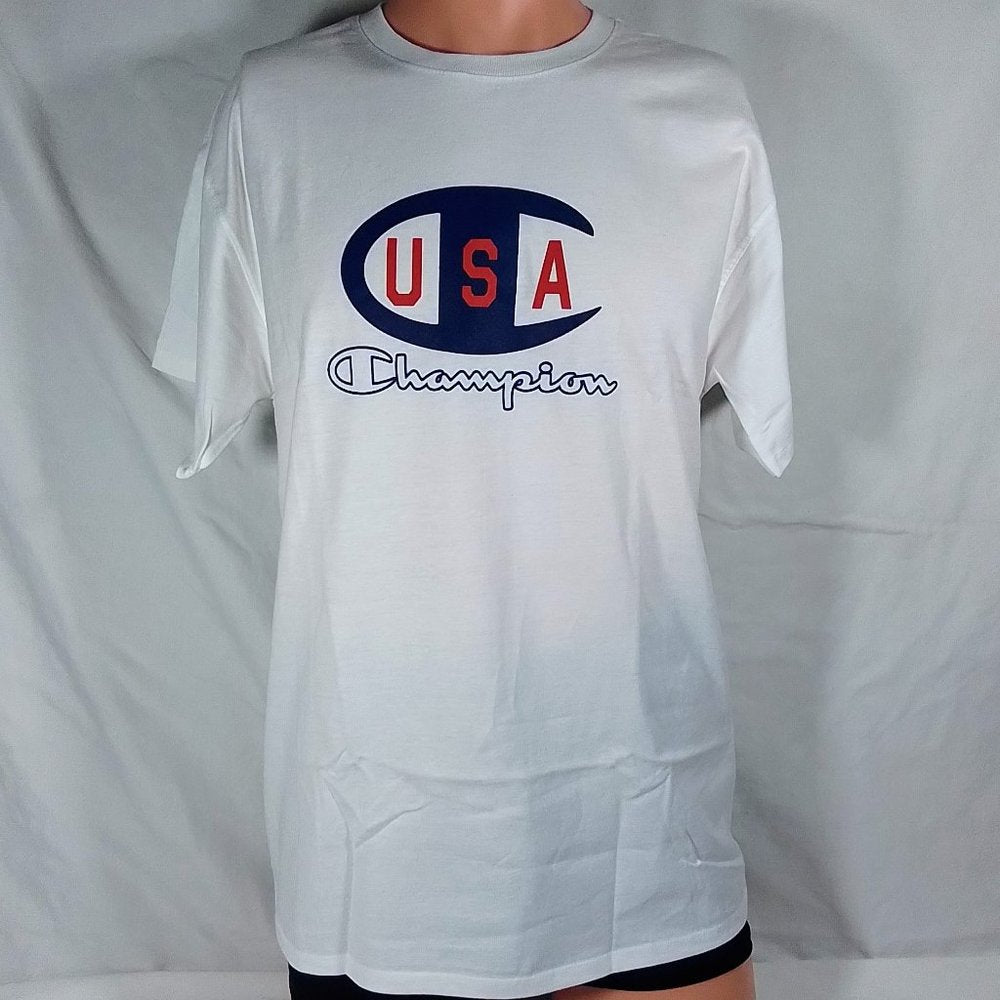 Champion Men's Basic USA Logo T-Shirt-White/Blue-Various Sizes-New with Tags