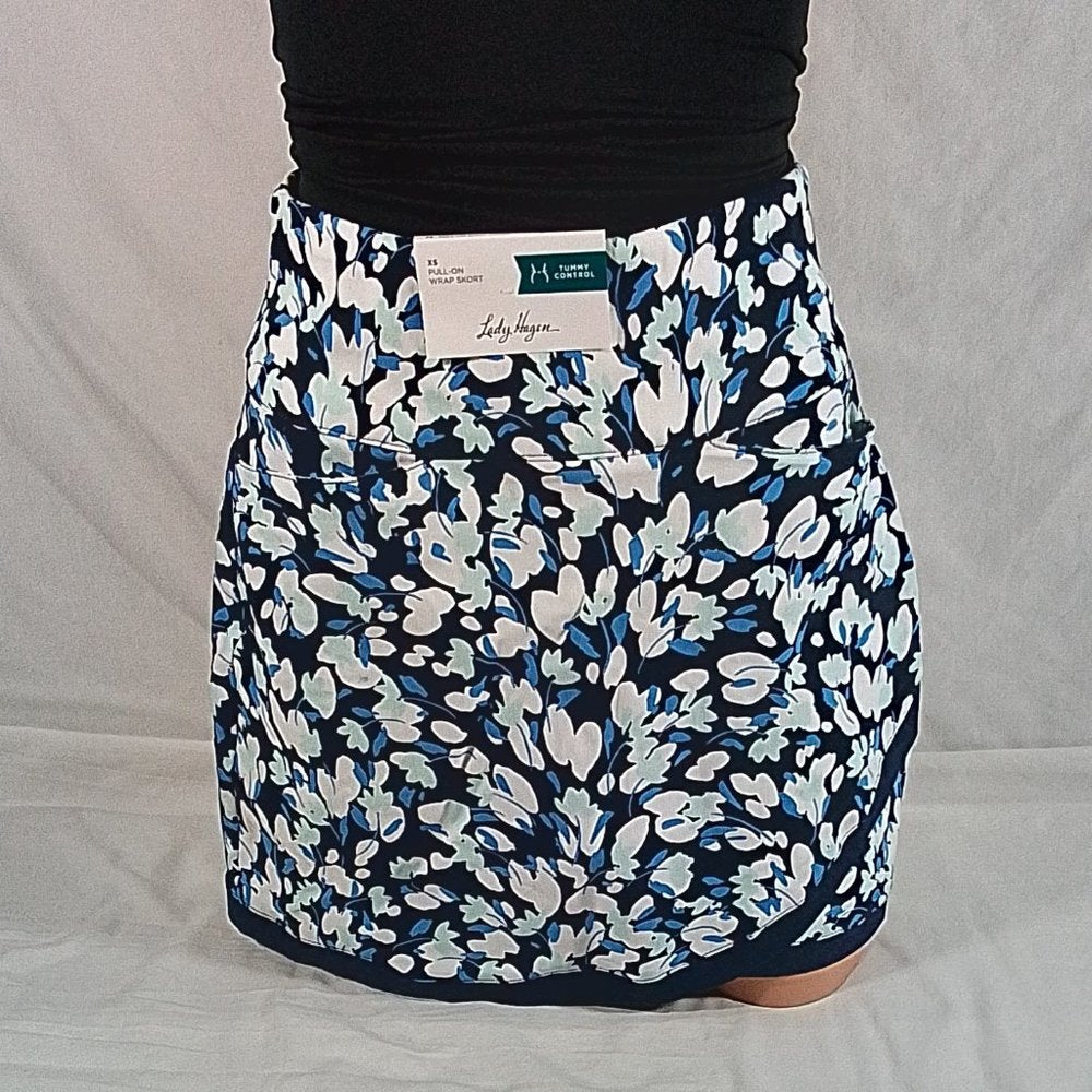 Woman's Lady Hagen 17" Tummy Control Wrap Golf Skort Ditsy Buds Navy-Size XS-NWT